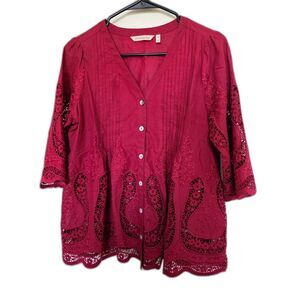 Soft Surroundings Red Embroidered Lace 3/4 Sleeve Blouse PXS Boho Chic